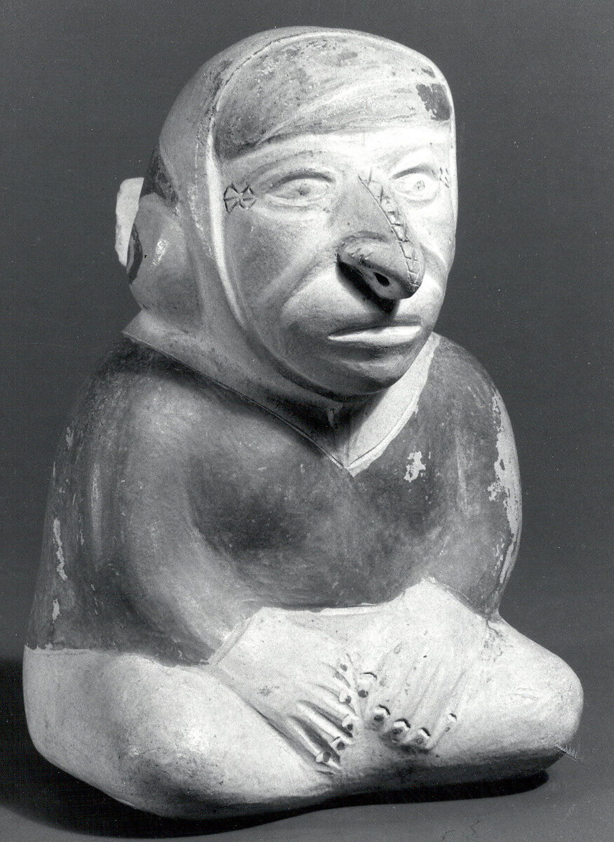 Stirrup Spout Bottle with Figure, Ceramic, slip, pigment, Moche