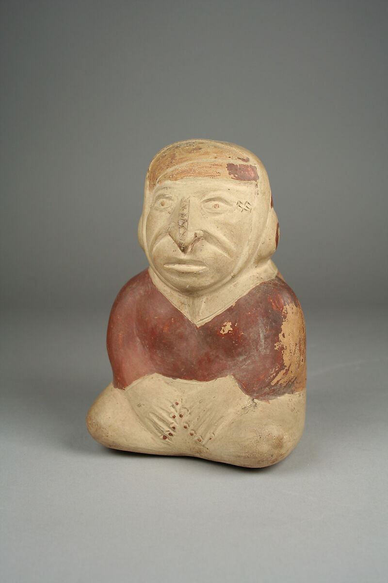 Stirrup Spout Bottle with Figure, Ceramic, slip, pigment, Moche 