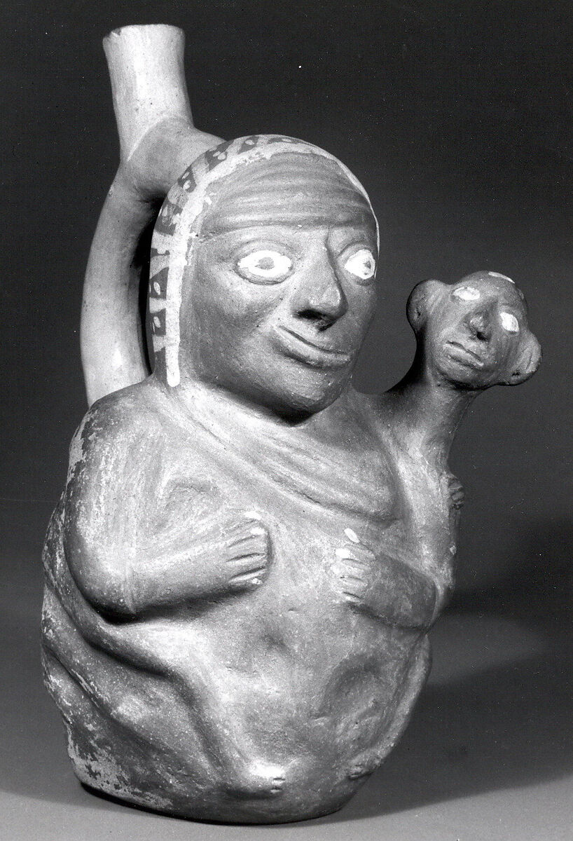 Stirrup Spout Bottle with Figure, Ceramic, slip, pigment, Moche