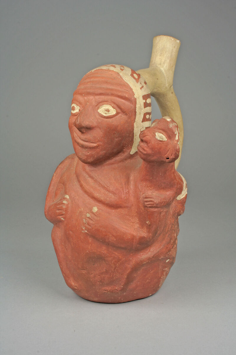 Stirrup Spout Bottle with Figure, Ceramic, slip, pigment, Moche 