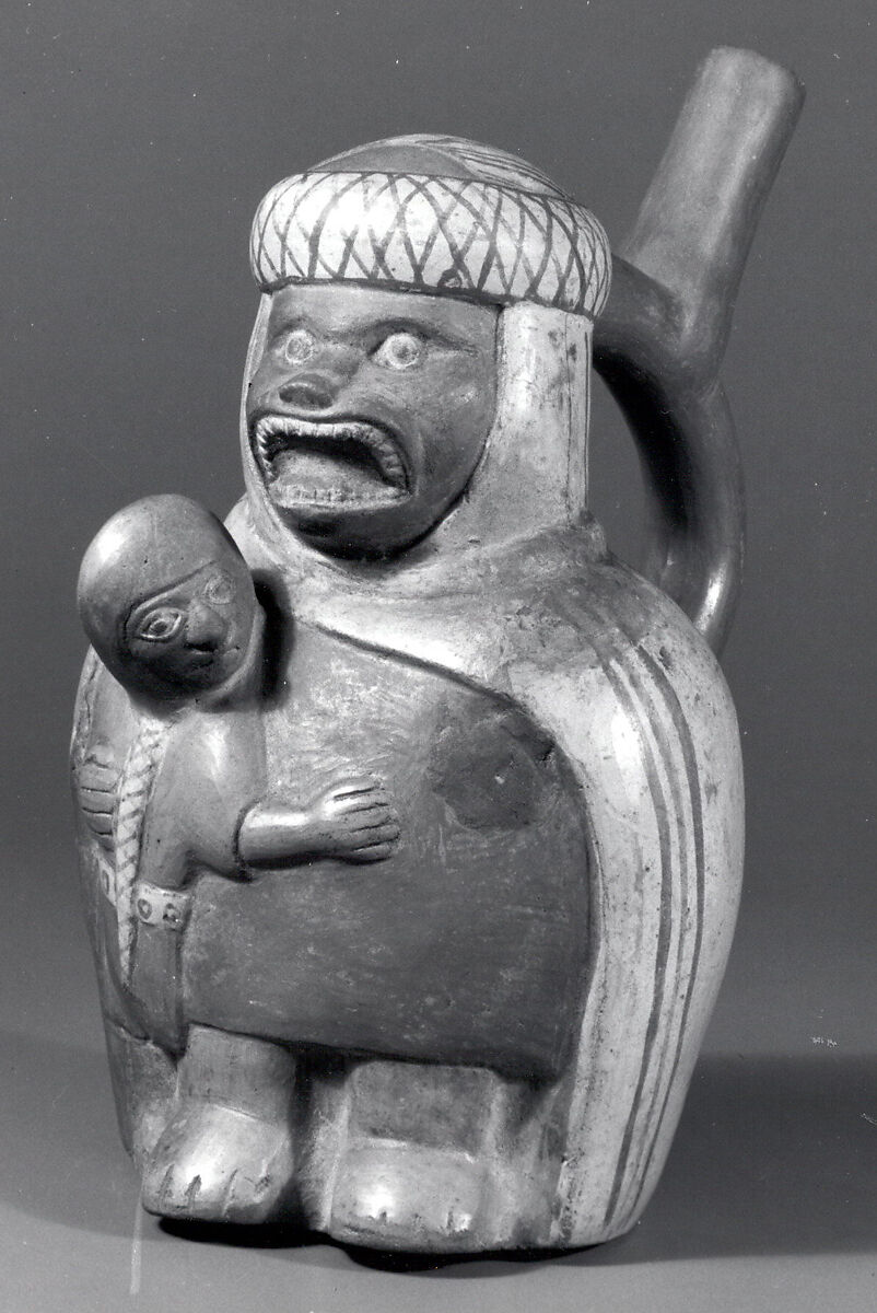 Stirrup Spout Bottle with Figures, Ceramic, slip, pigment, Moche