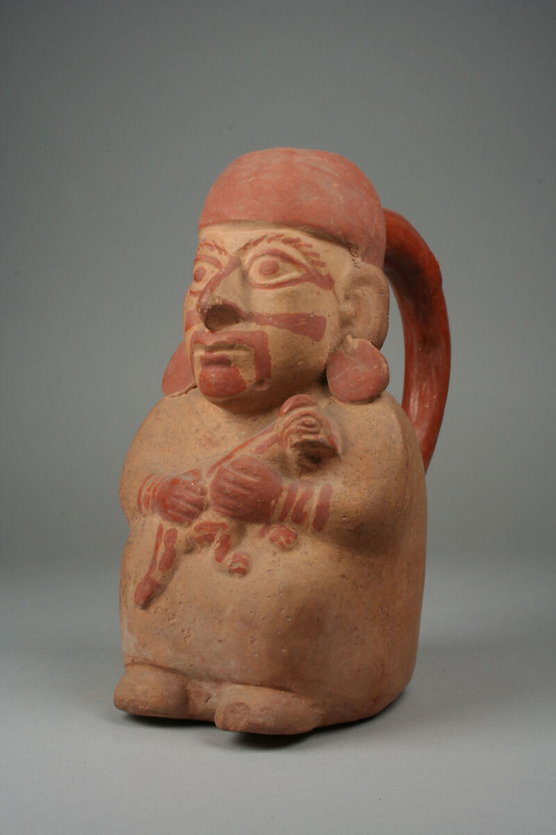 Stirrup Spout Bottle with Figure, Ceramic, slip, pigment, Moche 