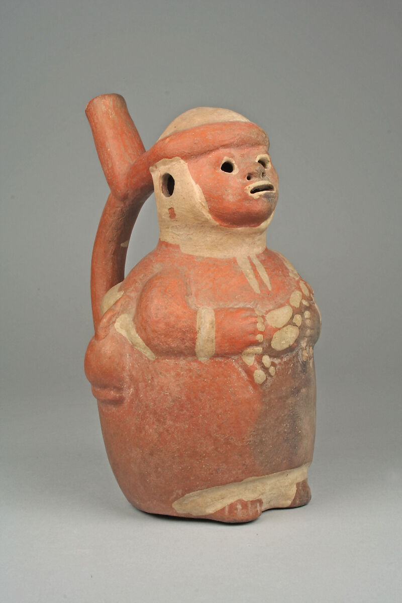 Whistling Stirrup Spout Bottle with Figure, Ceramic, slip, pigment, Moche 
