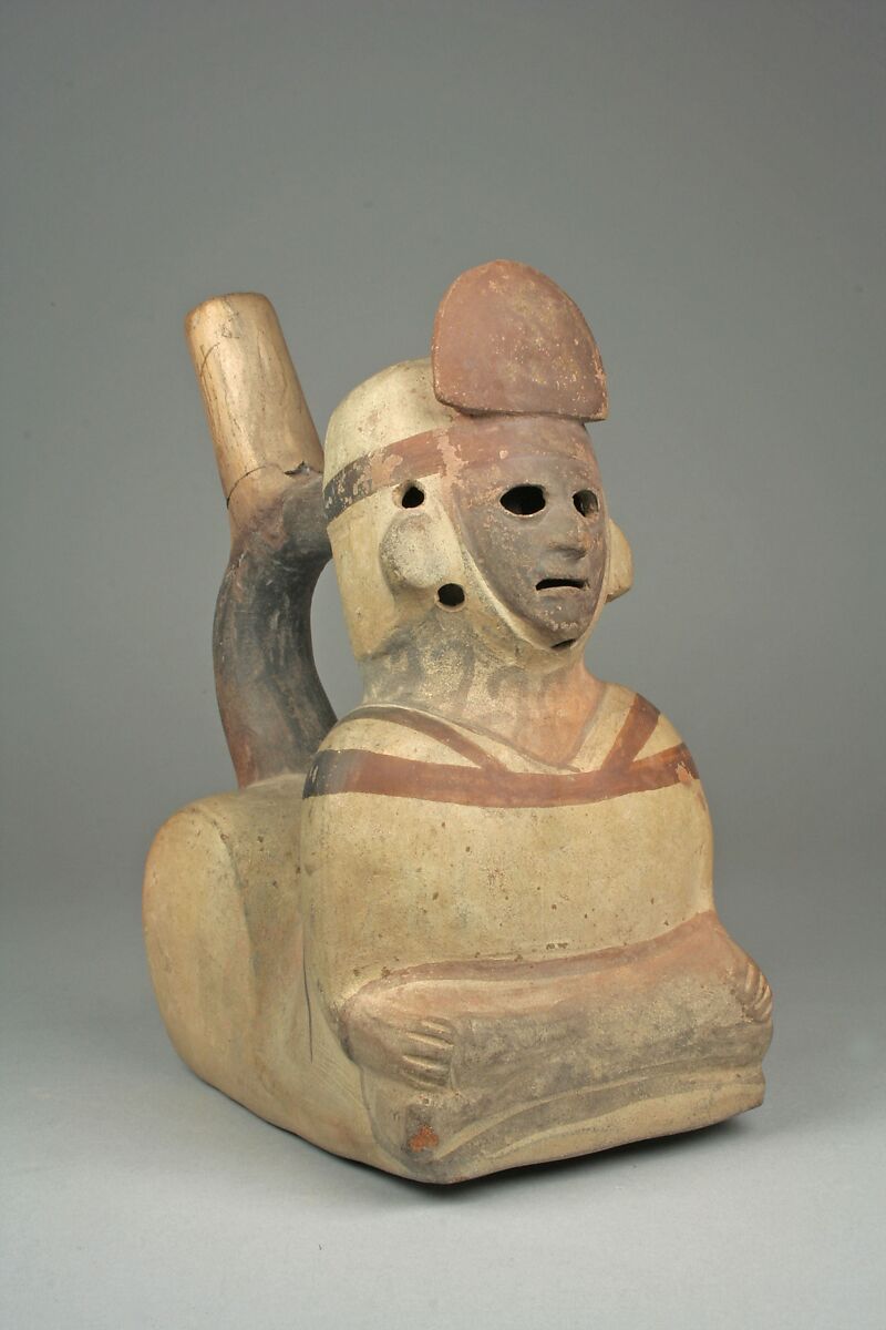 Whistling Stirrup Spout Bottle with Figure, Ceramic, slip, pigment, Moche 