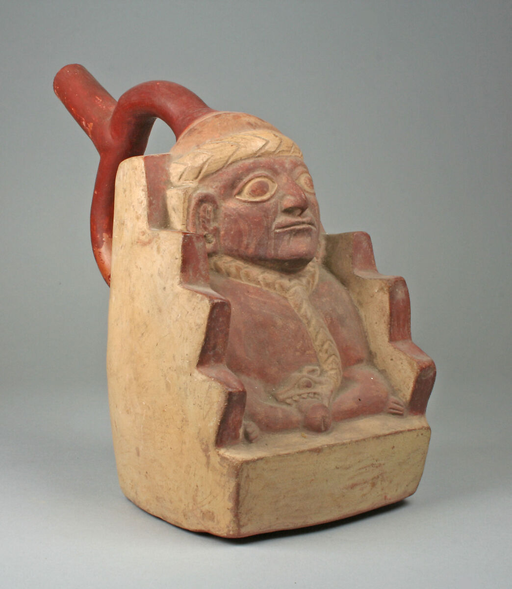 Stirrup Spout Bottle with Figure, Ceramic, slip, pigment, Moche 