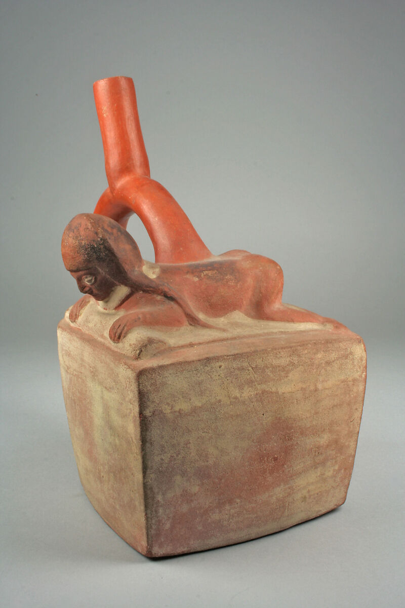 Stirrup Spout Bottle with Female, Ceramic, slip, pigment, Moche 