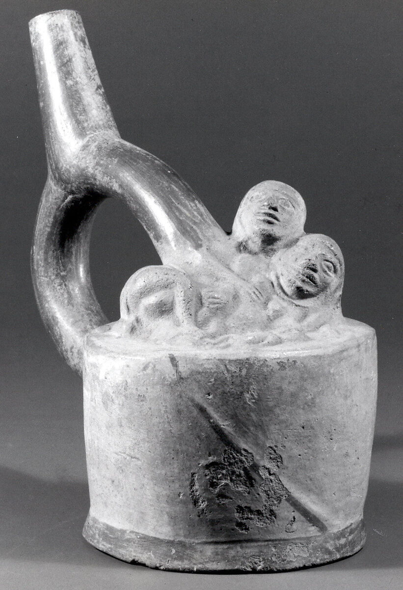 Stirrup Spout Bottle with Figures, Ceramic, slip, pigment, Moche