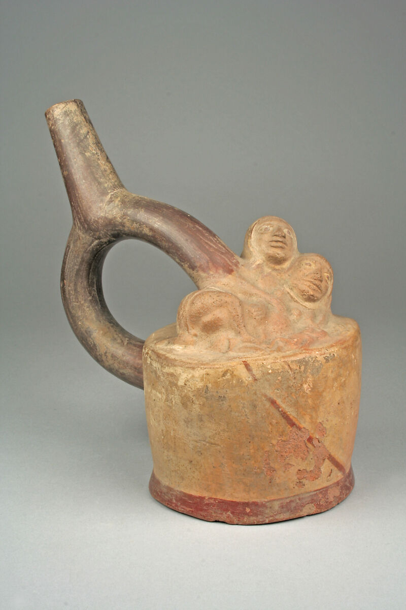 Stirrup Spout Bottle with Figures, Ceramic, slip, pigment, Moche 