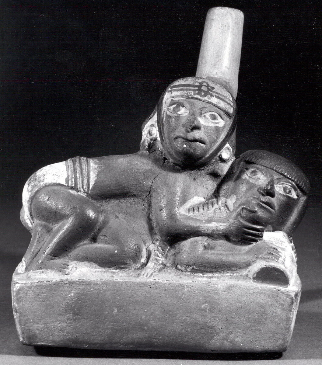 Stirrup Spout Bottle with Couple, Ceramic, slip, pigment, Moche