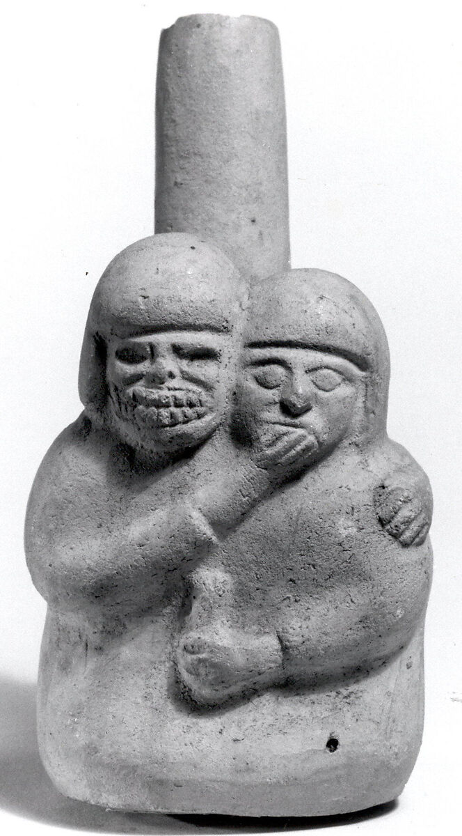 Stirrup Spout Bottle with Couple, Ceramic, slip, pigment, Moche