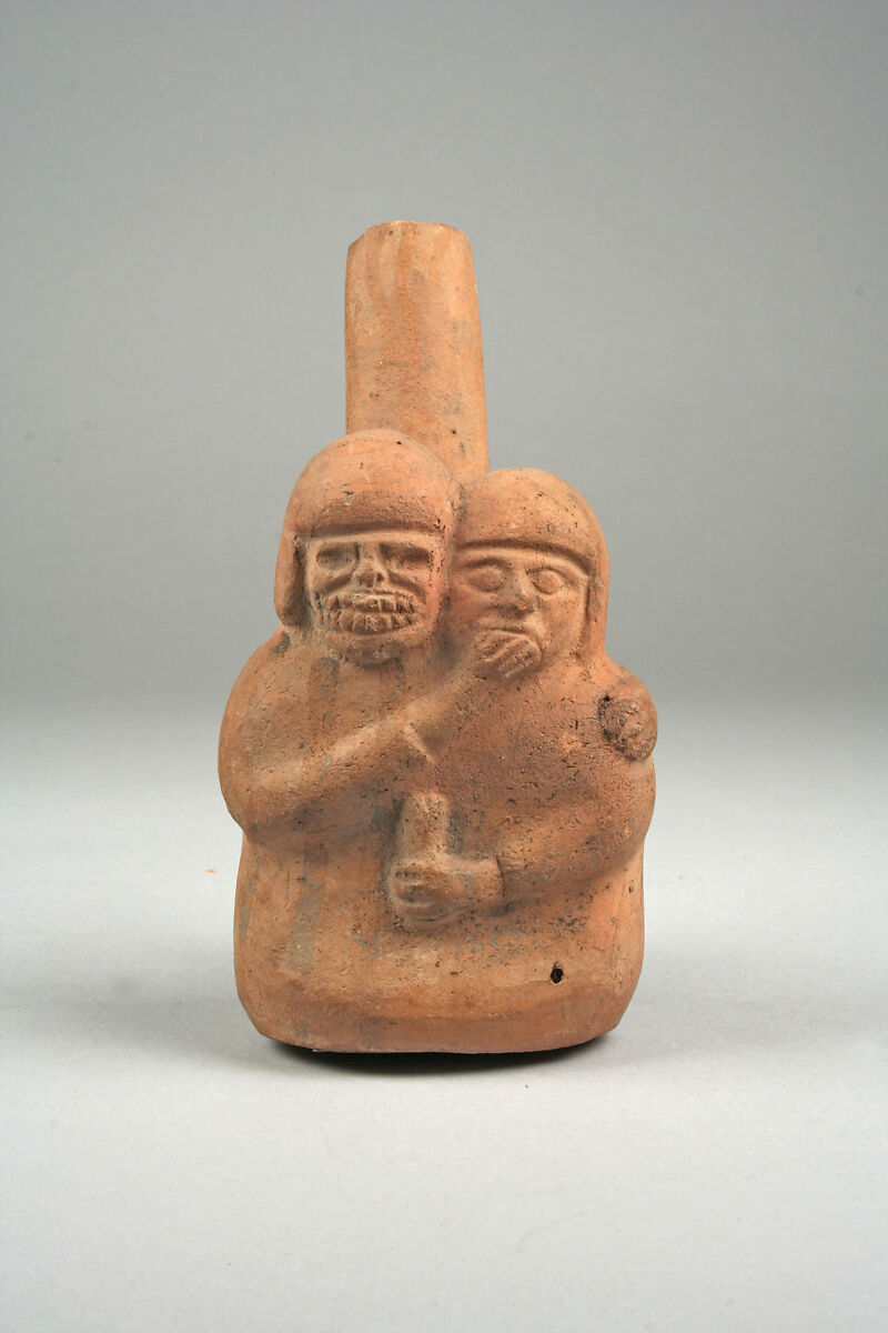 Stirrup Spout Bottle with Couple, Ceramic, slip, pigment, Moche 