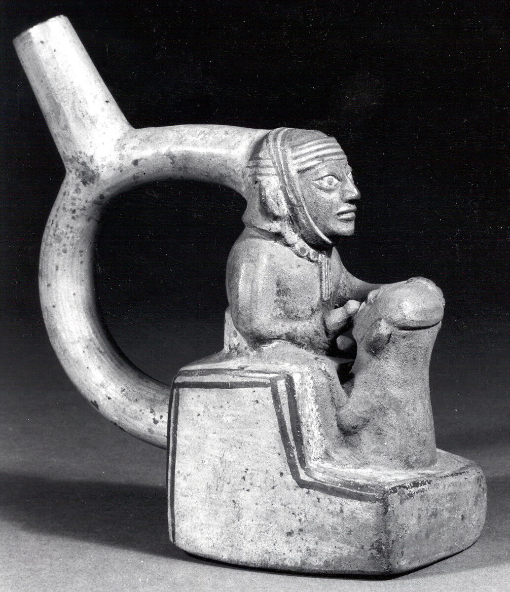 Stirrup Spout Bottle with Couple, Ceramic, slip, pigment, Moche