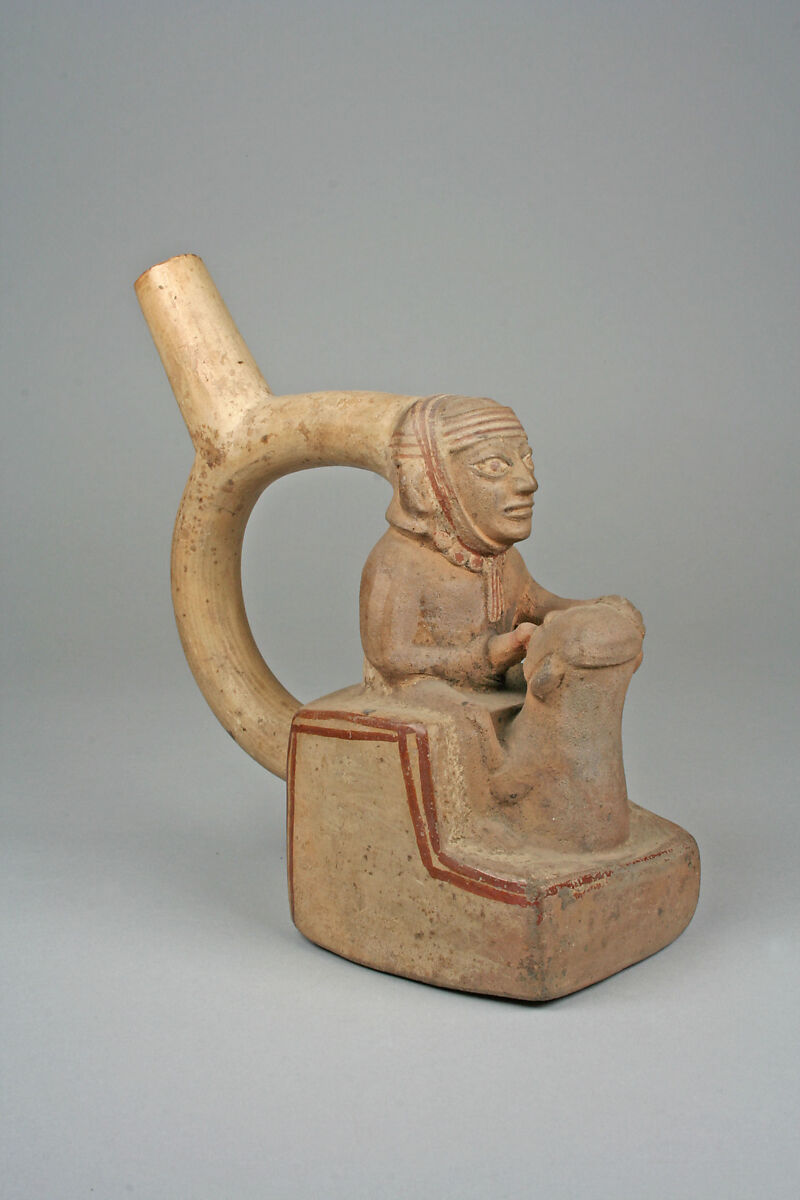 Stirrup Spout Bottle with Couple, Ceramic, slip, pigment, Moche 