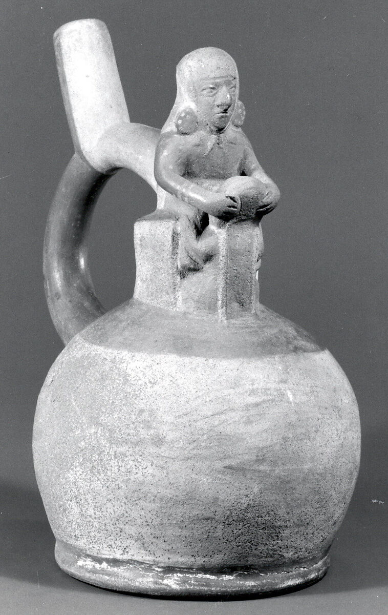 Stirrup Spout Bottle with Couple, Ceramic, slip, Moche