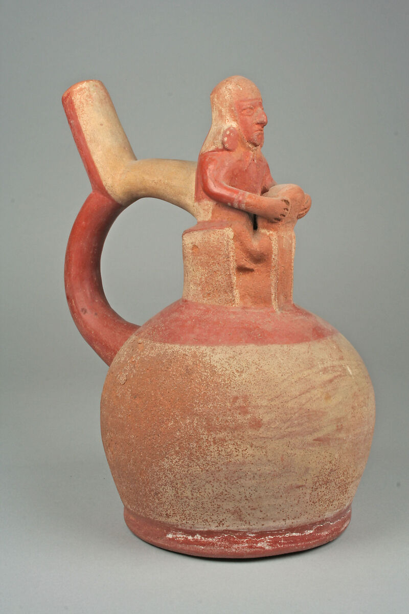 Stirrup Spout Bottle with Couple, Ceramic, slip, Moche 