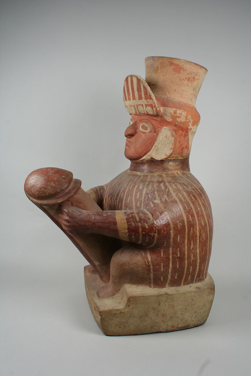 Stirrup Spout Bottle with Phallic Figure, Ceramic, slip, Moche