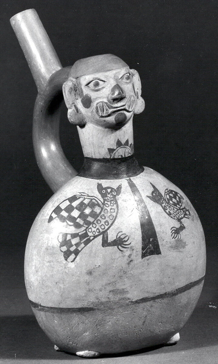 Stirrup Spout Bottle with Ai-Apec, Ceramic, slip, pigment, Moche