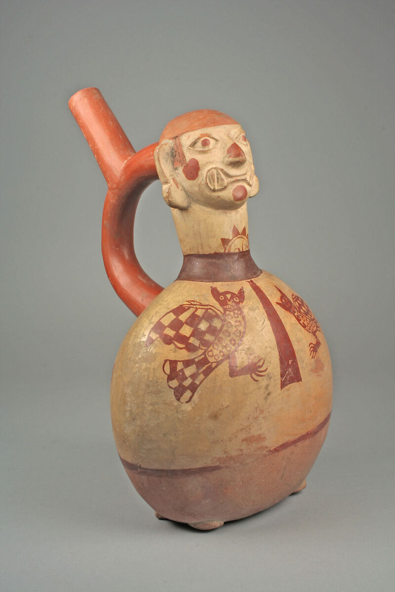 Stirrup Spout Bottle with Ai-Apec, Ceramic, slip, pigment, Moche 