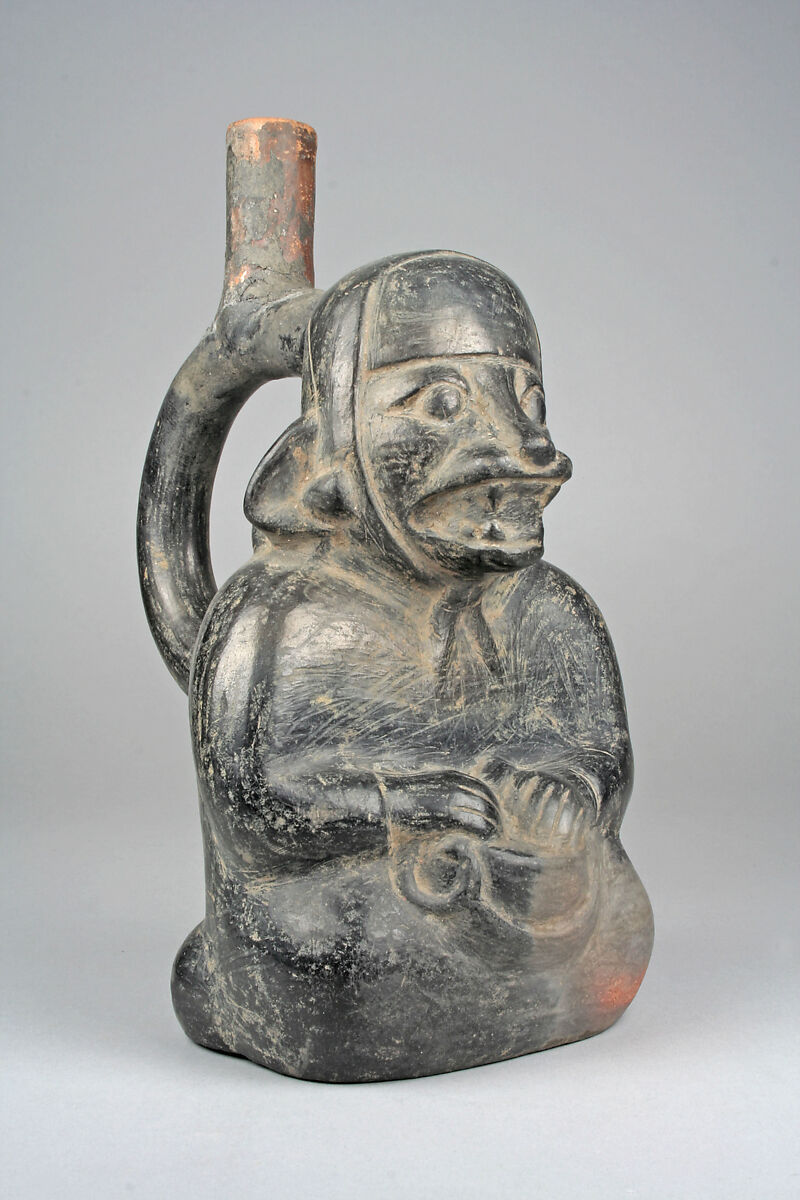 Stirrup Spout Bottle with Seated Figure, Ceramic, Moche 
