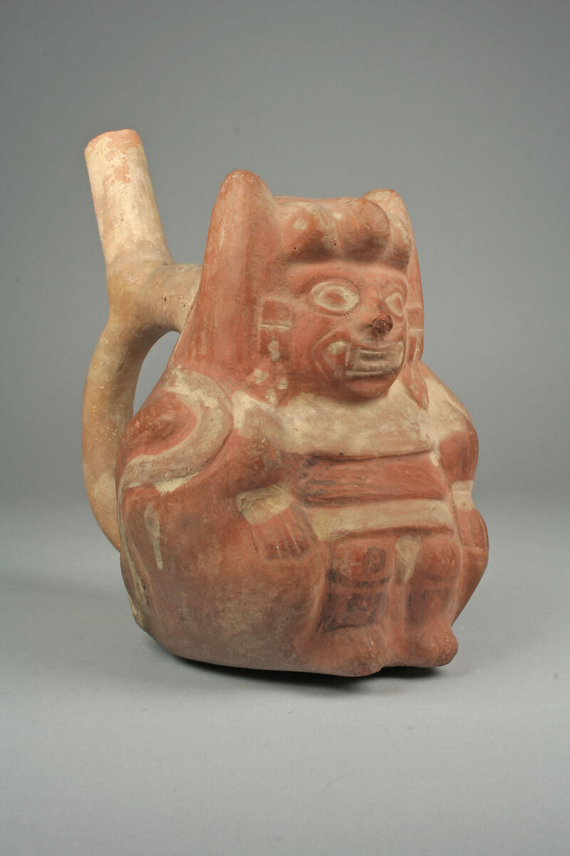 Stirrup Spout Bottle with Figure, Ceramic, pigment, Moche 
