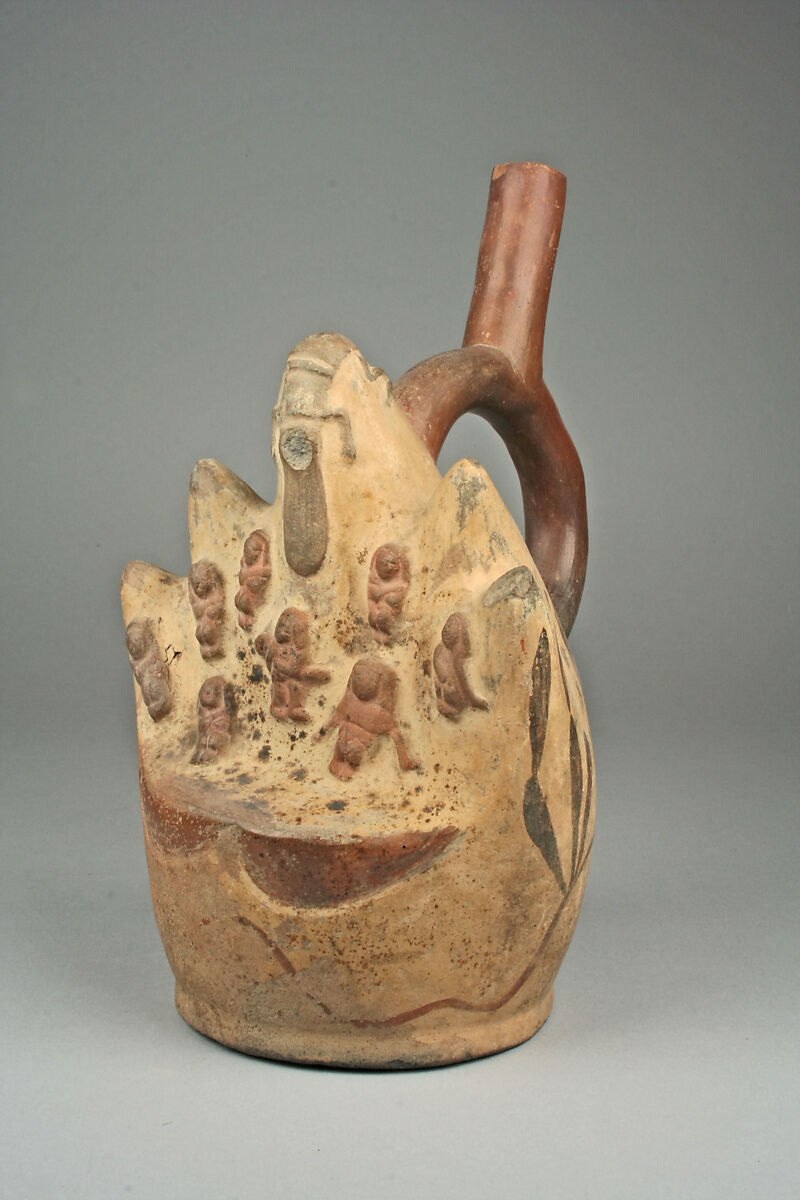 Stirrup Spout Bottle with Painted Cactus Forms, Ceramic, pigment, Moche 