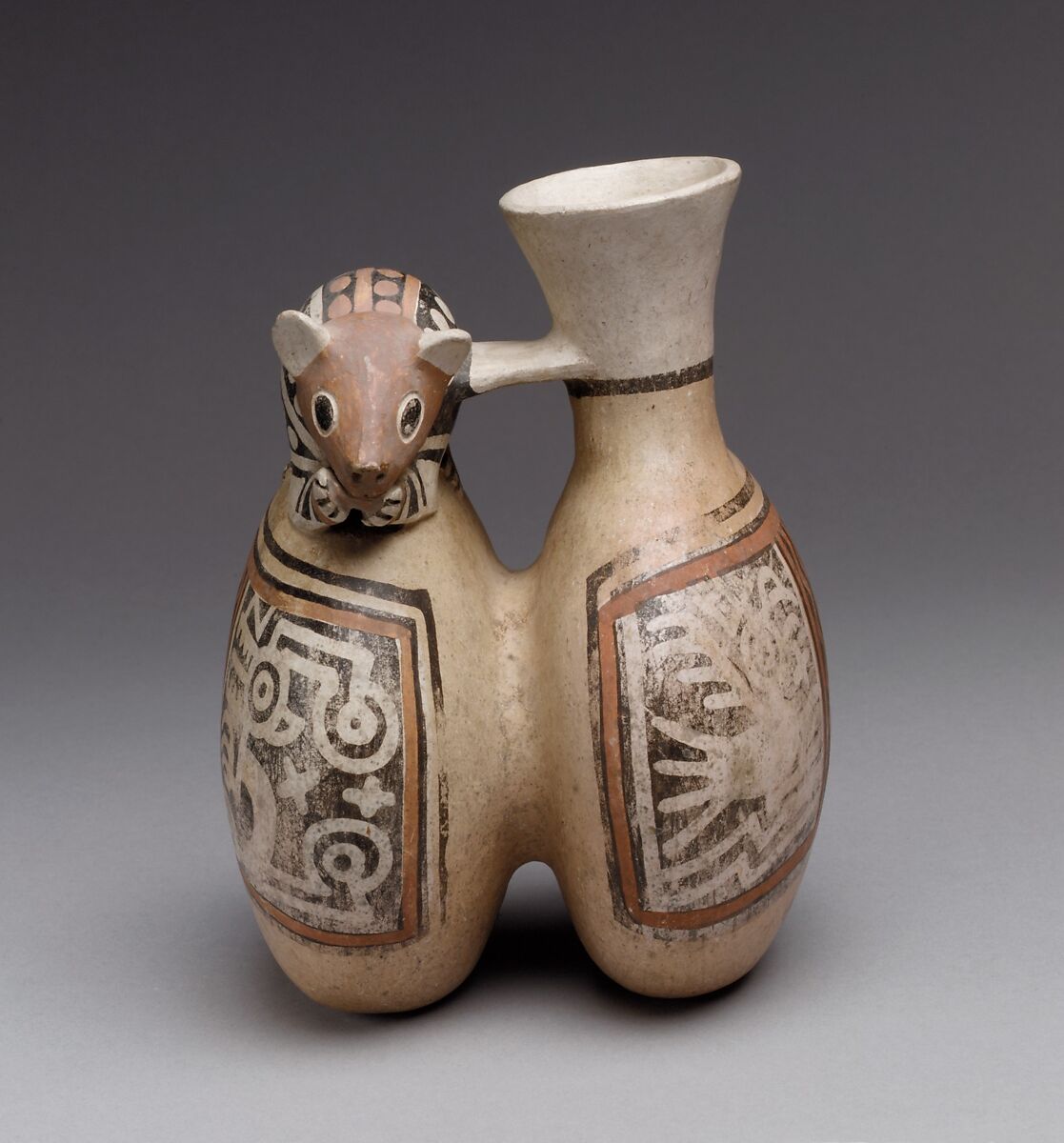 Double-chambered bottle with mouse, Recuay artist(s), Ceramic, slip, Recuay