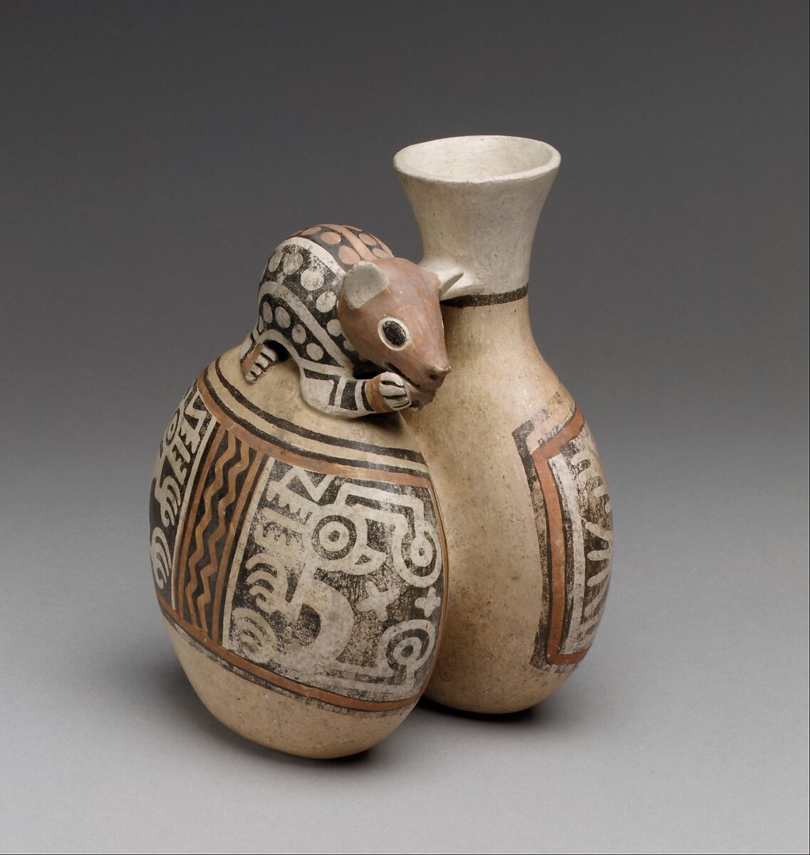 Double-chambered bottle with mouse, Recuay artist(s), Ceramic, slip, Recuay