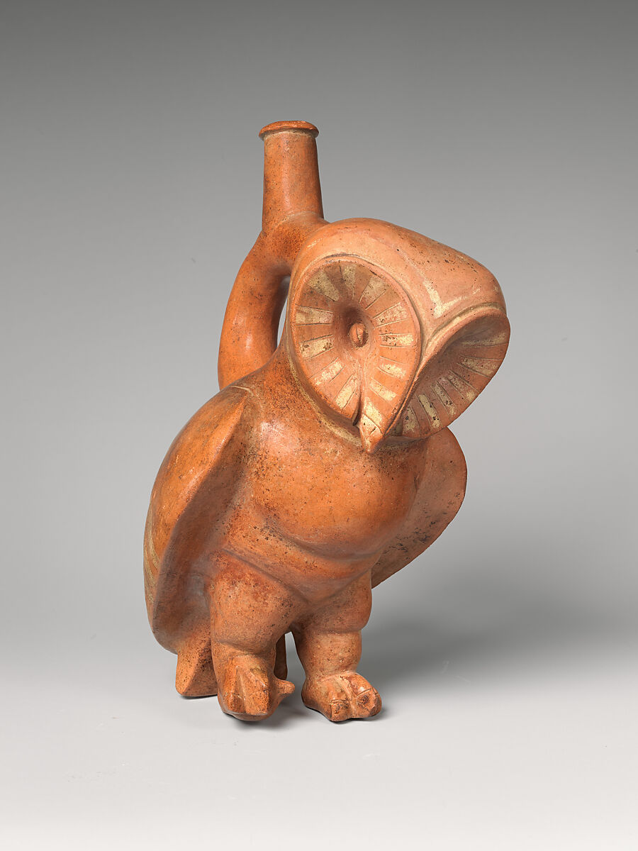 Stirrup-spout bottle with owl, Moche artist(s), Ceramic, slip, Moche 