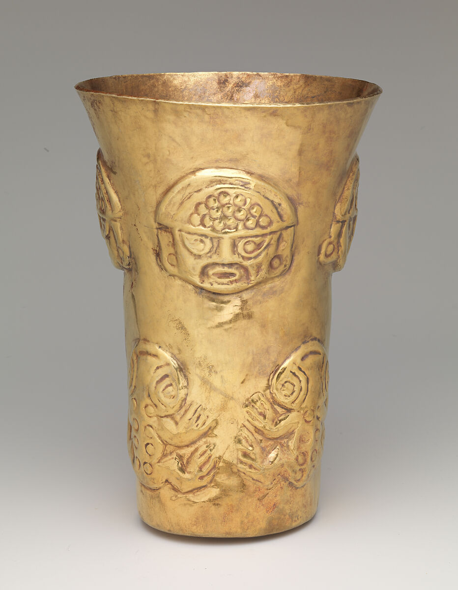 Beaker with heads and toads, Lambayeque (Sicán) artist(s), Gold, Lambayeque (Sicán)