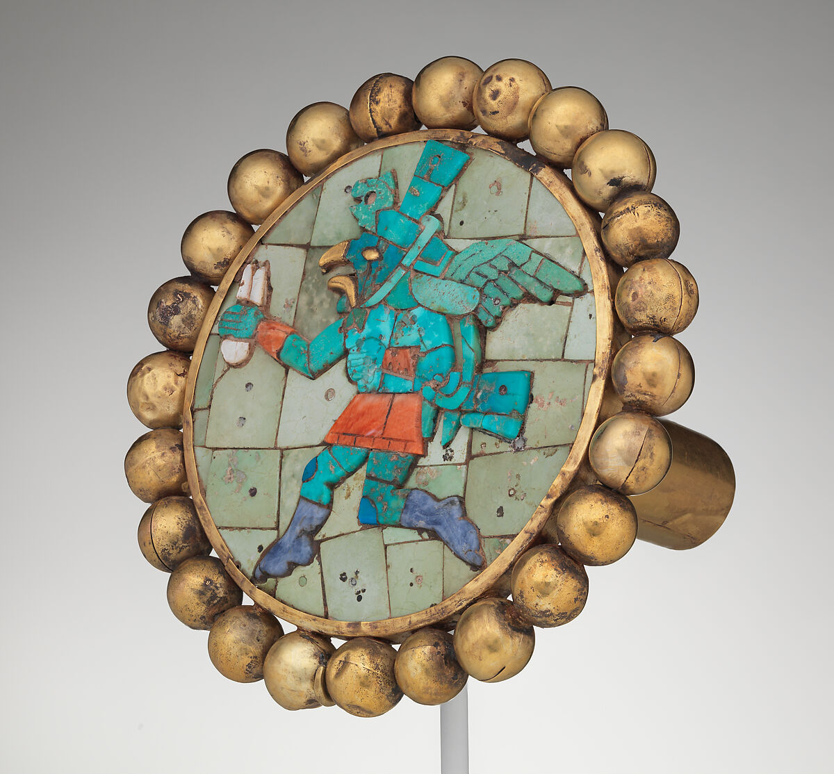 Ear ornament with winged runner, Moche artist(s), Gold, turquoise, sodalite, shell, Moche