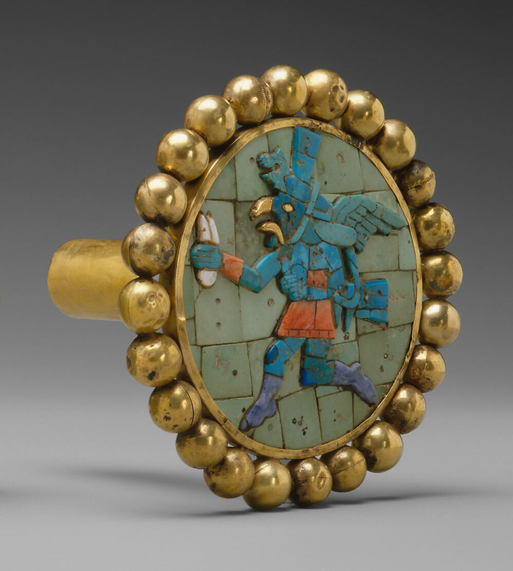 Ear ornament with winged runner, Moche artist(s), Gold, turquoise, sodalite, shell, Moche