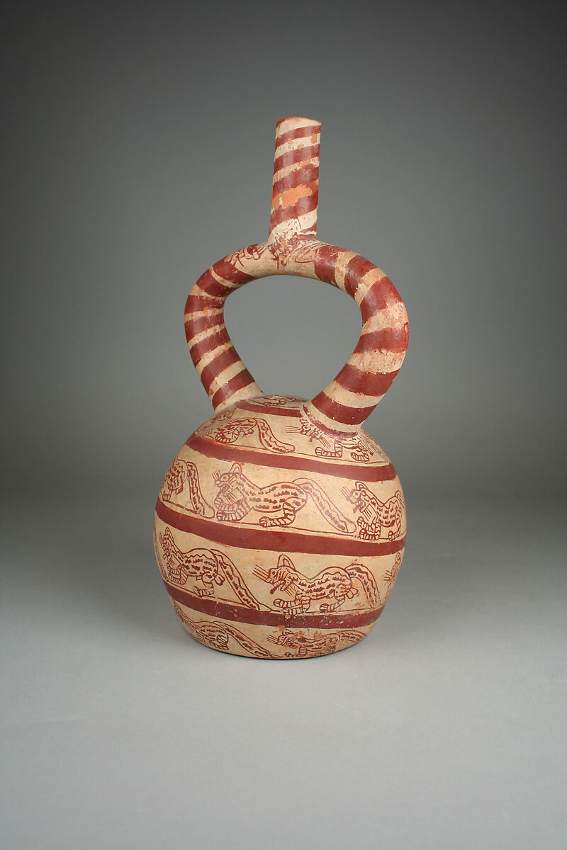 Stirrup Spout Bottle with Felines, Ceramic, pigment, Moche 