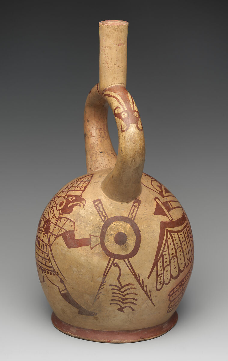 Bird Warrior Bottle, Ceramic, slip, Moche