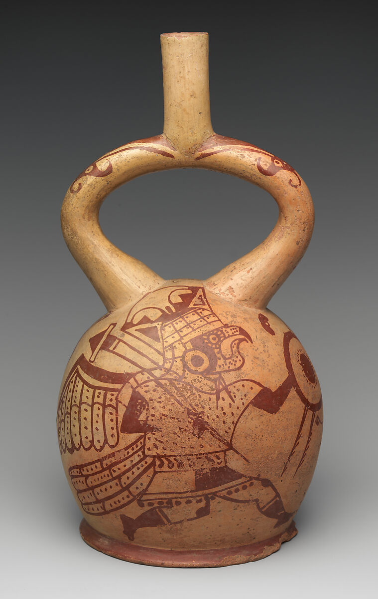 Bird Warrior Bottle, Ceramic, slip, Moche