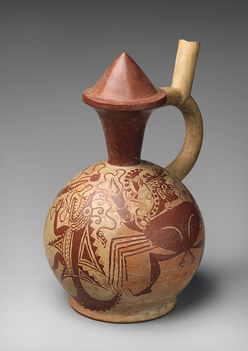 Stirrup-spout bottle with warclub and crab warrior, Moche artist(s), Ceramic, pigment, Moche