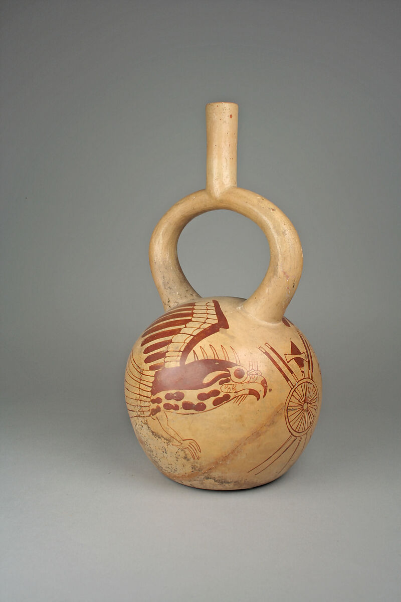 Raptorial Bird Bottle, Ceramic, pigment, Moche 