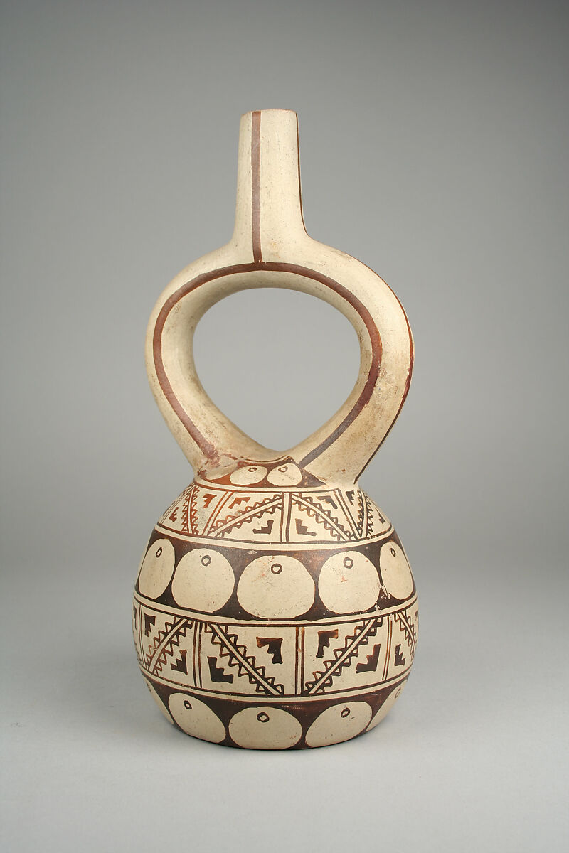 Geometric Pattern Bottle, Ceramic, pigment, Moche 
