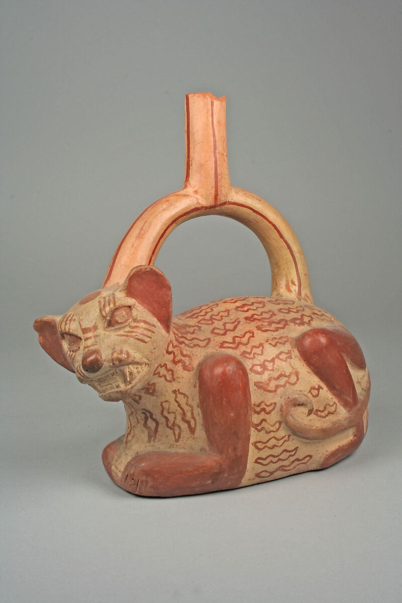 Snarling Feline Bottle, Ceramic, Moche 
