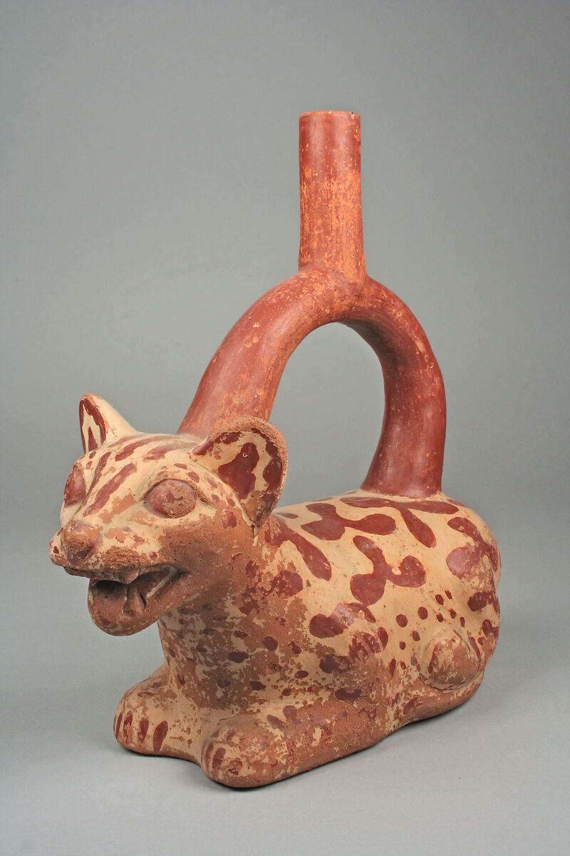 Spotted Feline Bottle, Ceramic, pigment, Moche 