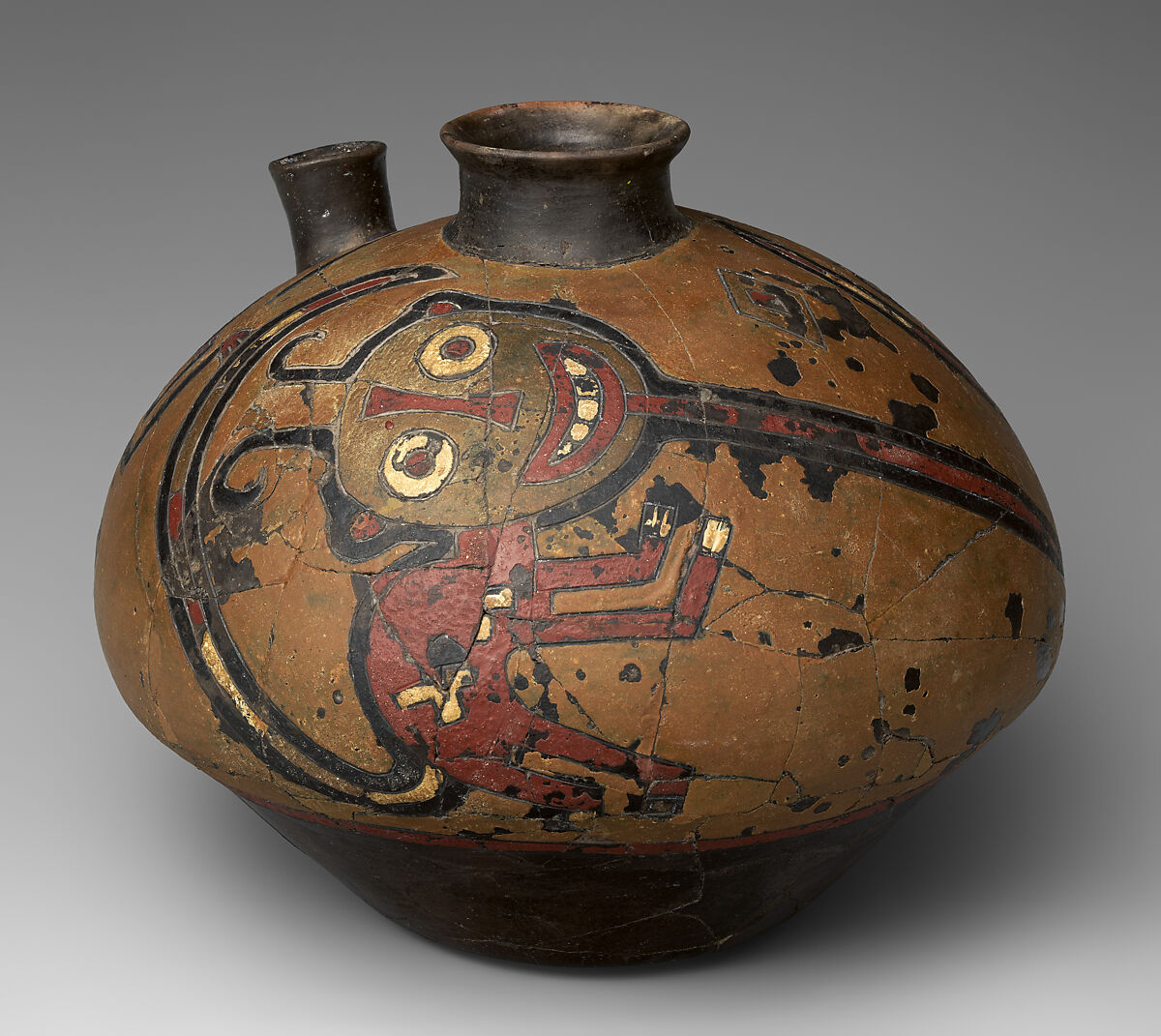 Jar with flying figure (Oculate Being), Paracas artist(s), Ceramic, post-fire paint, Paracas 