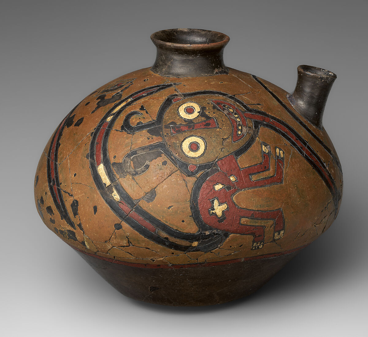 Jar with flying figure (the Oculate Being), Paracas artist(s), Ceramic, post-fire paint, Paracas