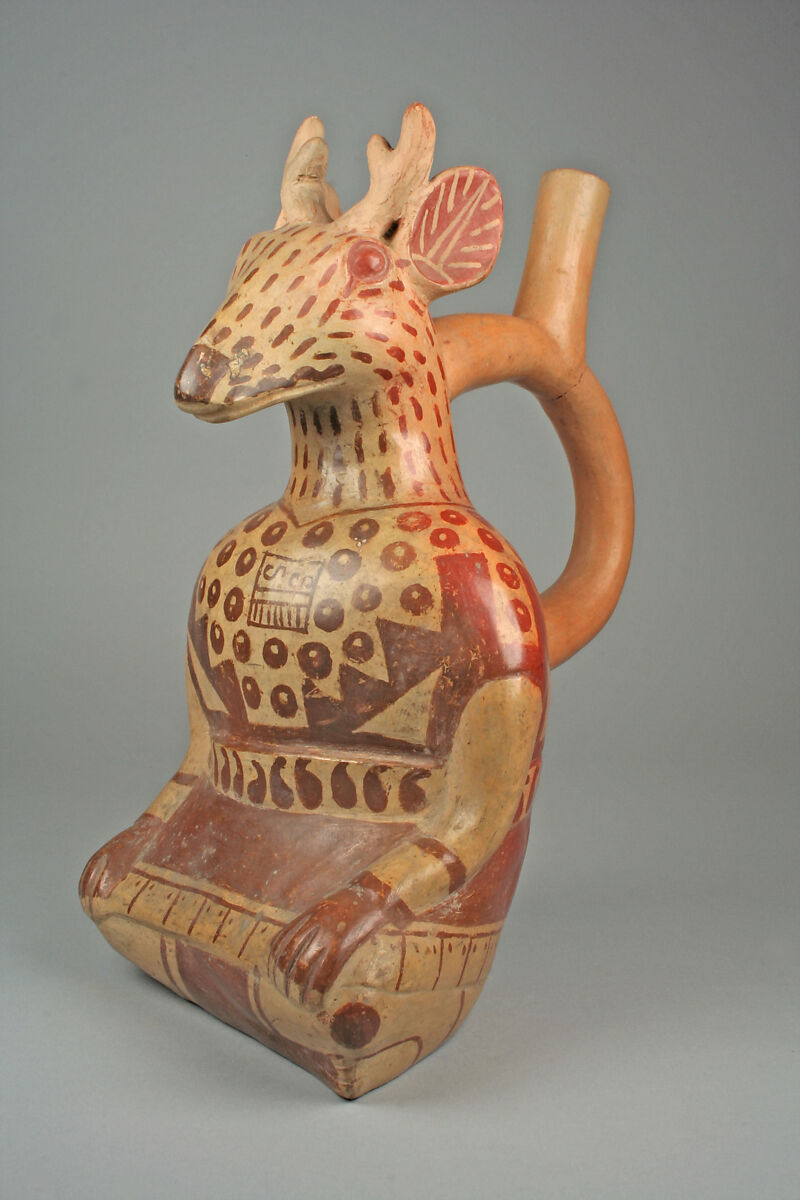 Stirrup Spout Bottle with Deer, Ceramic, pigment, Moche 