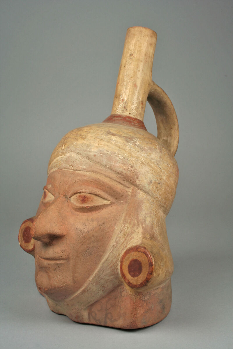 Portrait Head Bottle, Ceramic, pigment, Moche