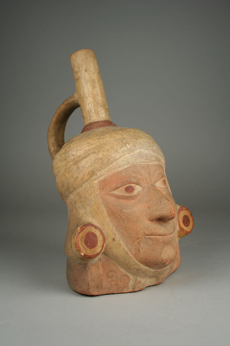 Portrait Head Bottle, Ceramic, pigment, Moche 