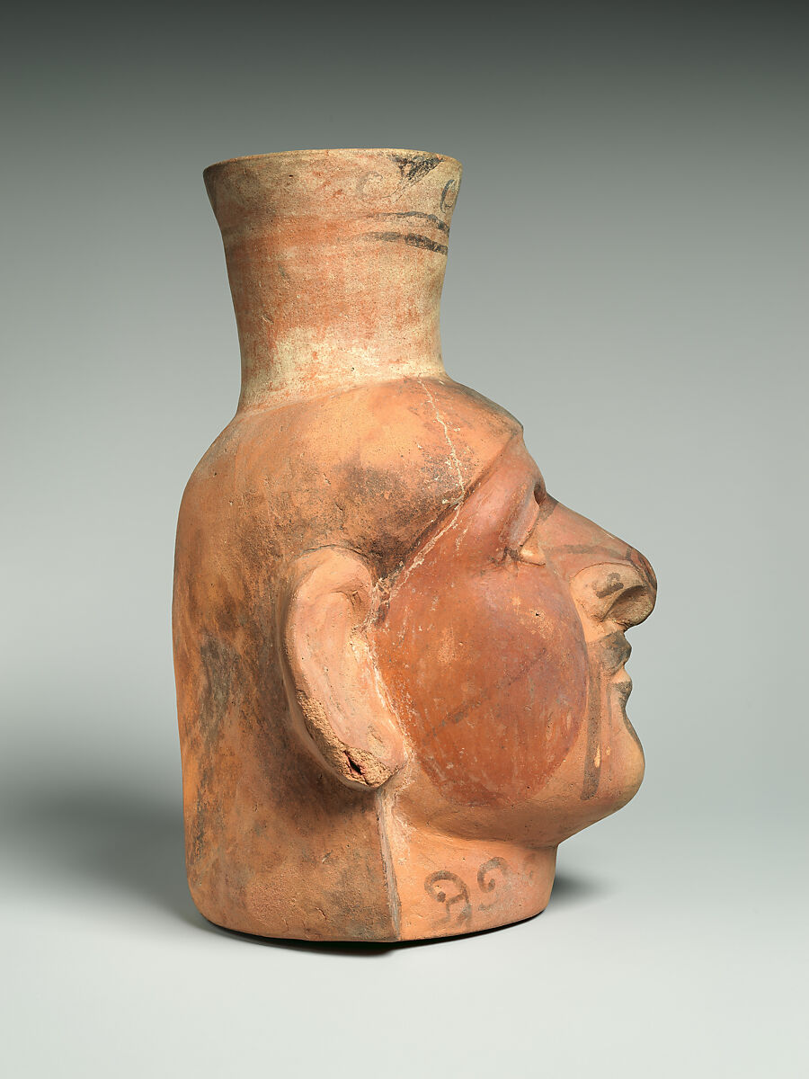 Single Spout Portrait Head Bottle, Ceramic, pigment, Moche