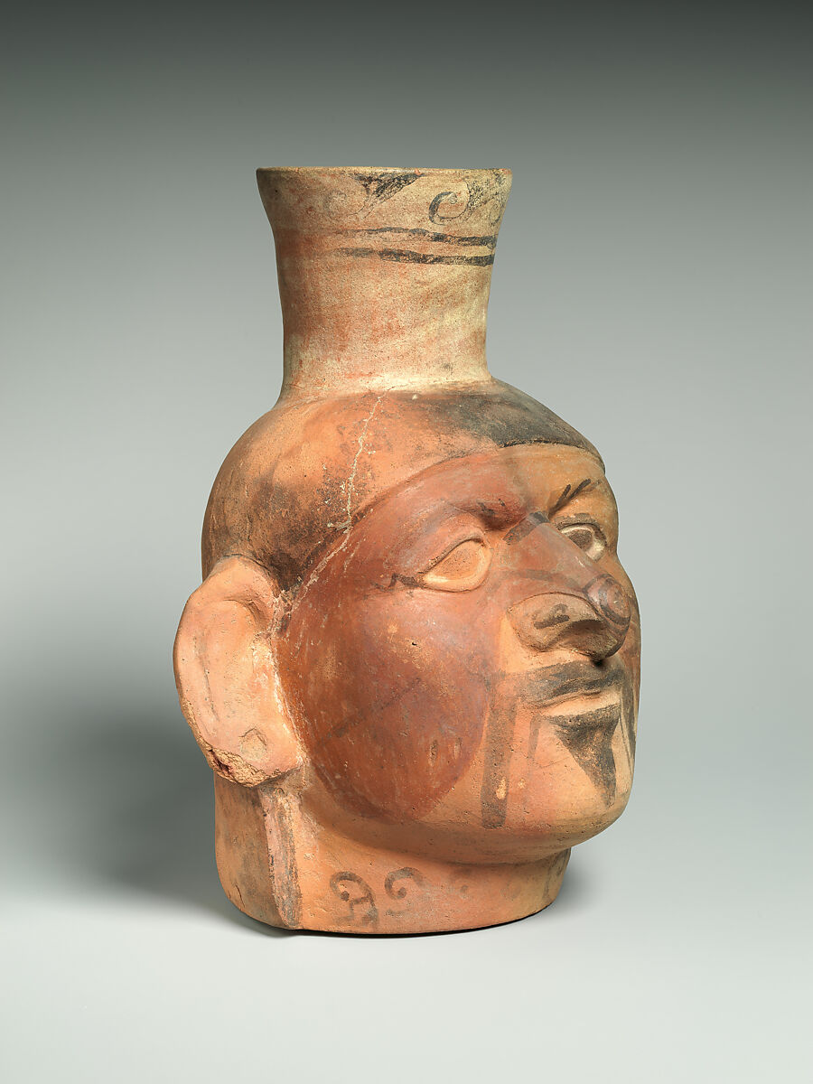 Single Spout Portrait Head Bottle, Ceramic, pigment, Moche