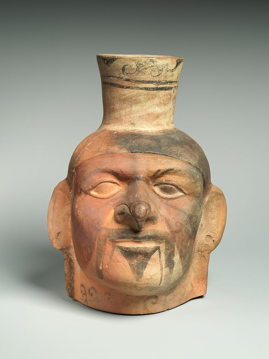 Single Spout Portrait Head Bottle, Ceramic, pigment, Moche 