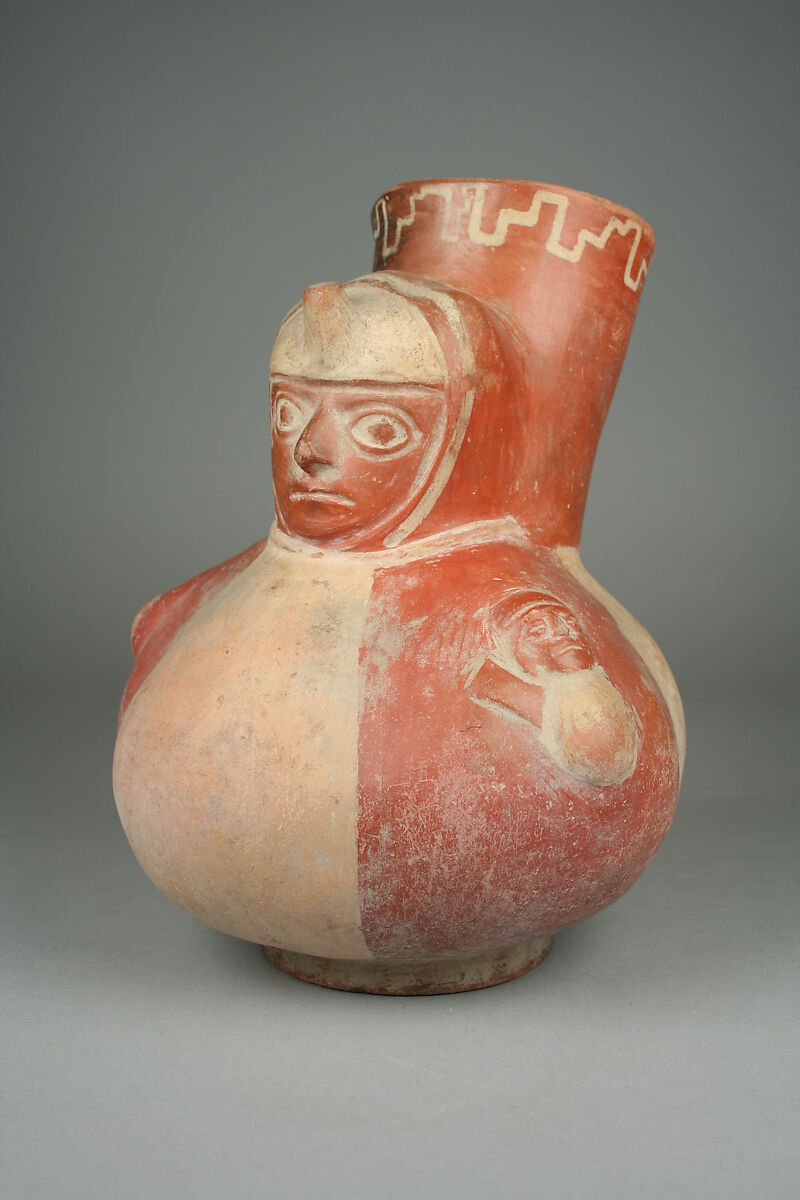 Single Spout Bottle with Gadrooned Figure, Ceramic, pigment, Moche 