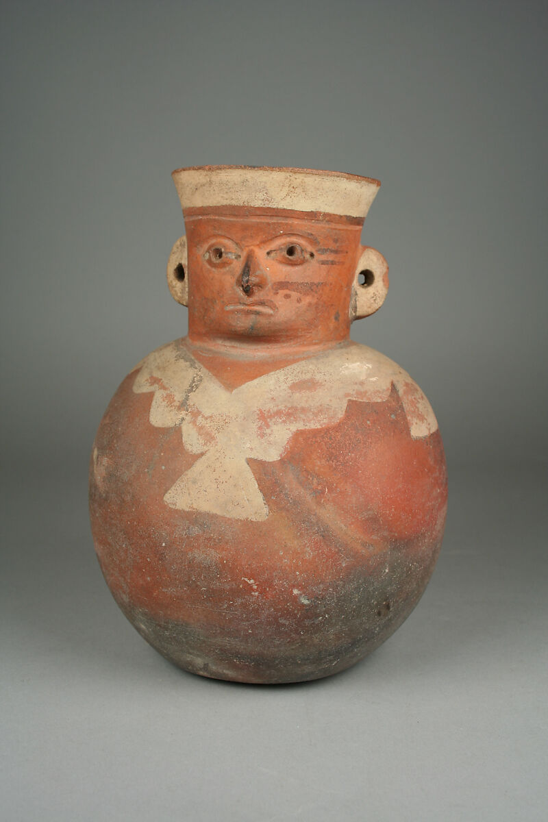 Bottle, Head on Neck, Ceramic, pigment, Moche 