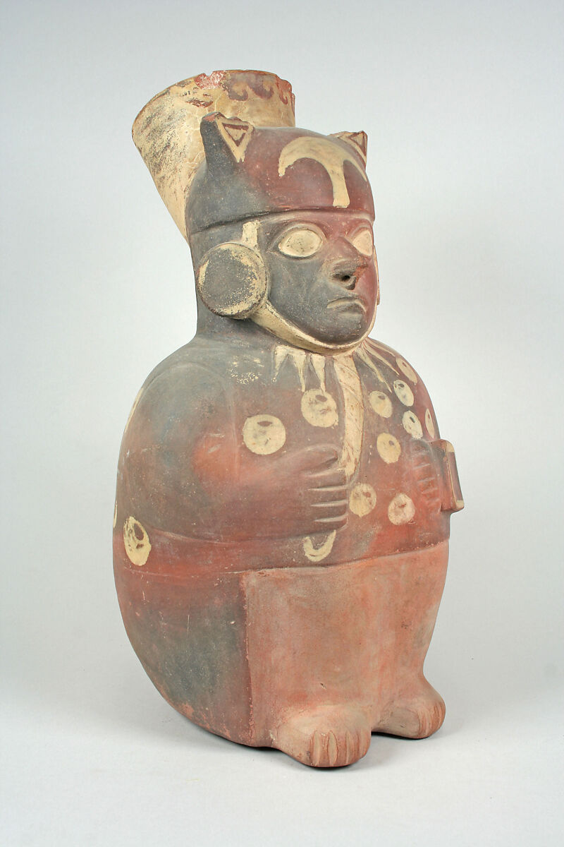 Bottle with Human Figure, Ceramic, pigment, Moche 